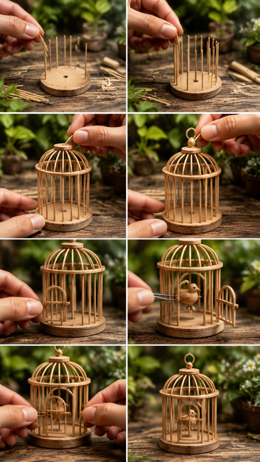 Mini Wooden Bird Cage Craft AI video prompt