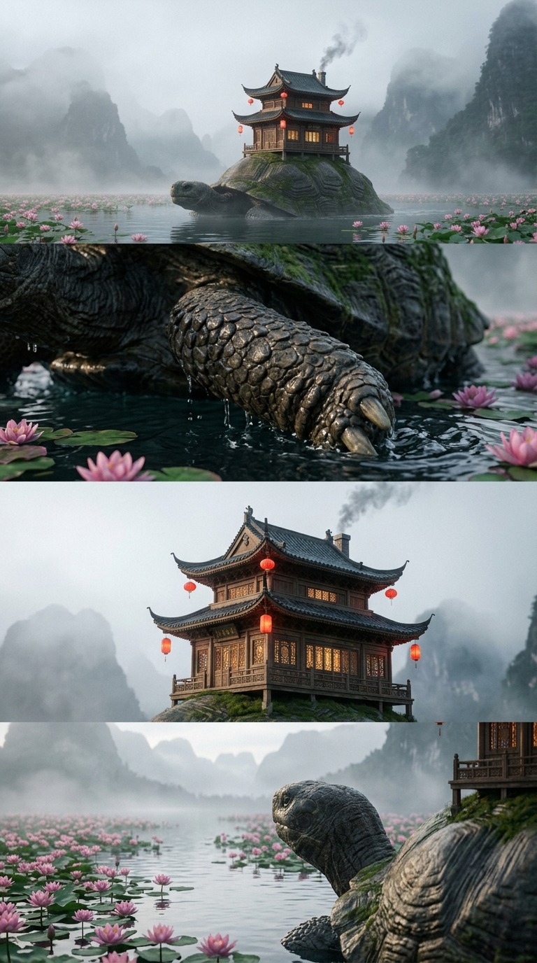 Giant Tortoise Pagoda Lake AI video prompt