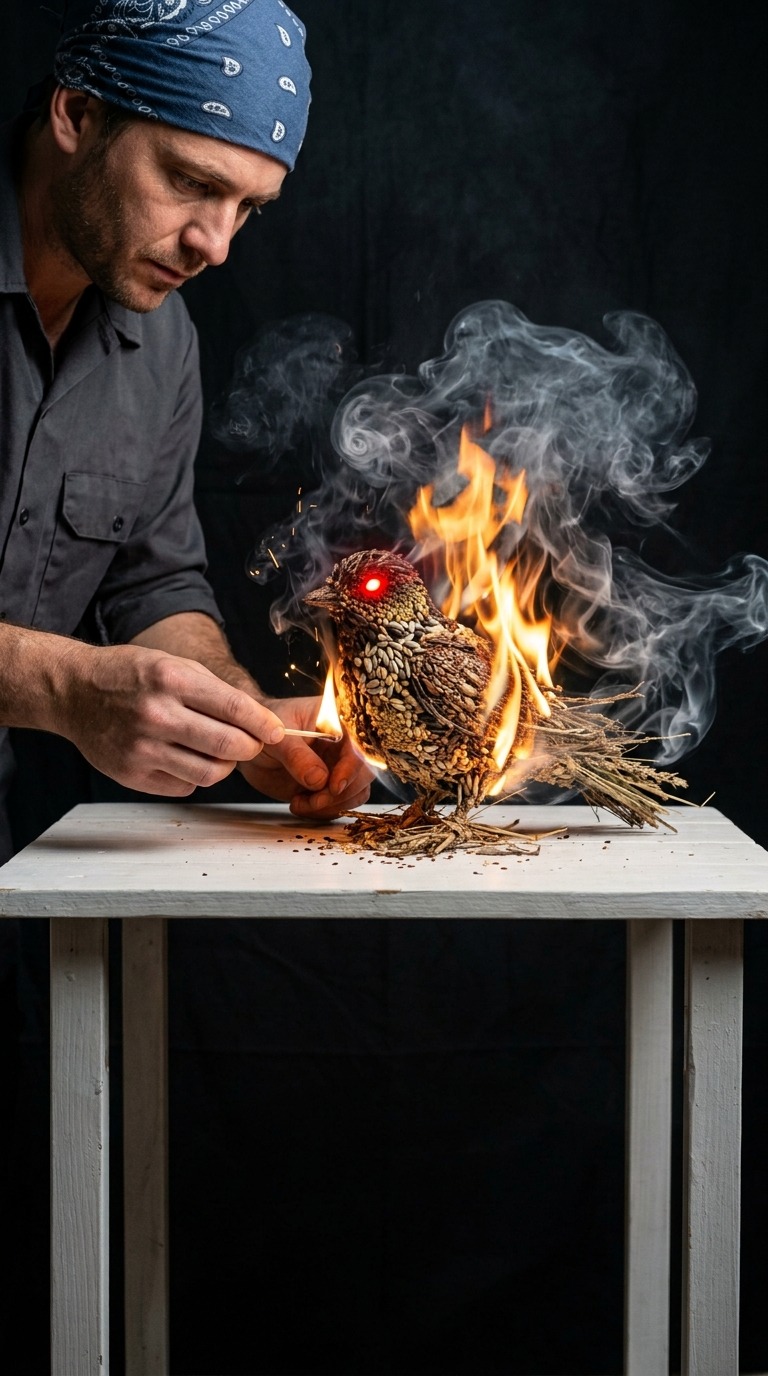 Burning Seed Bird Sculpture AI video prompt
