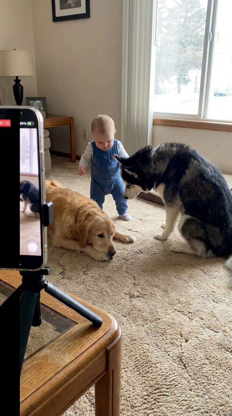 AI Video Prompt: Baby & Dogs Dance Moment
