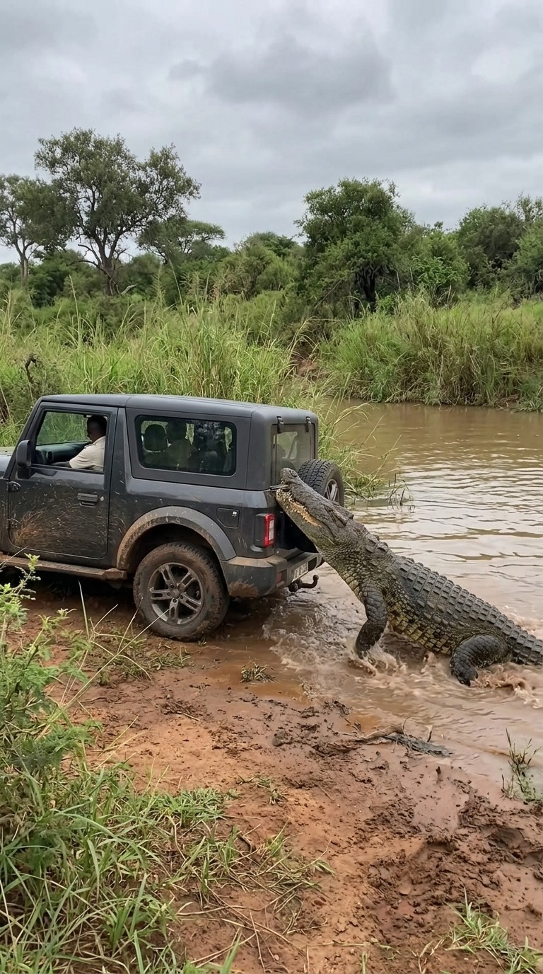 Crocodile Attacks Jeep AI video prompt