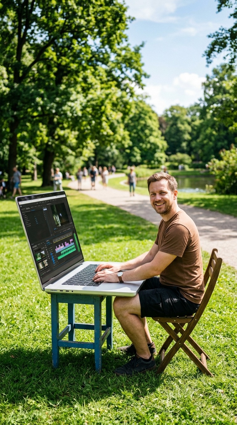 AI Video Prompt: Giant Laptop Editing