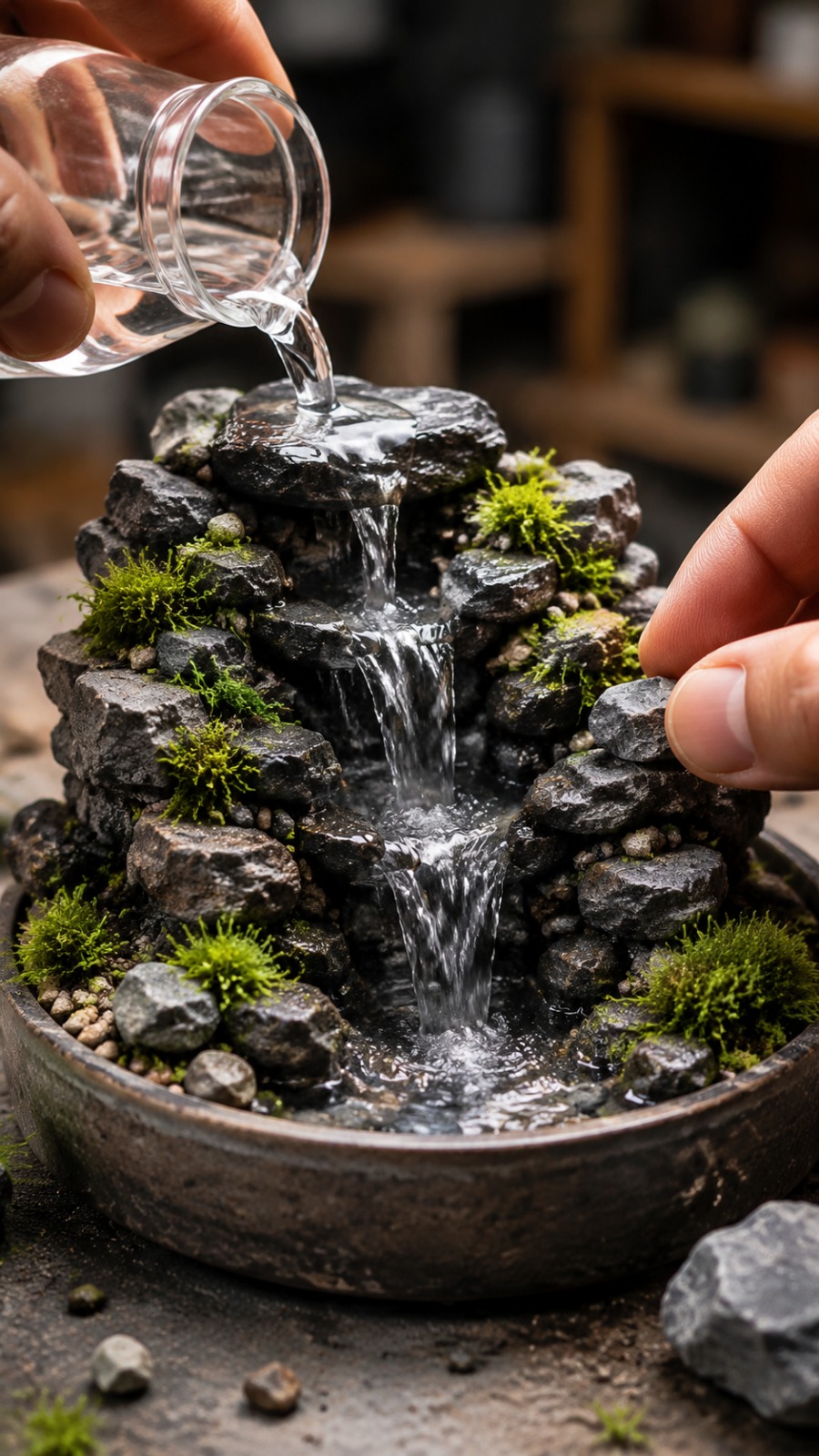 Mini Stone Waterfall AI video prompt