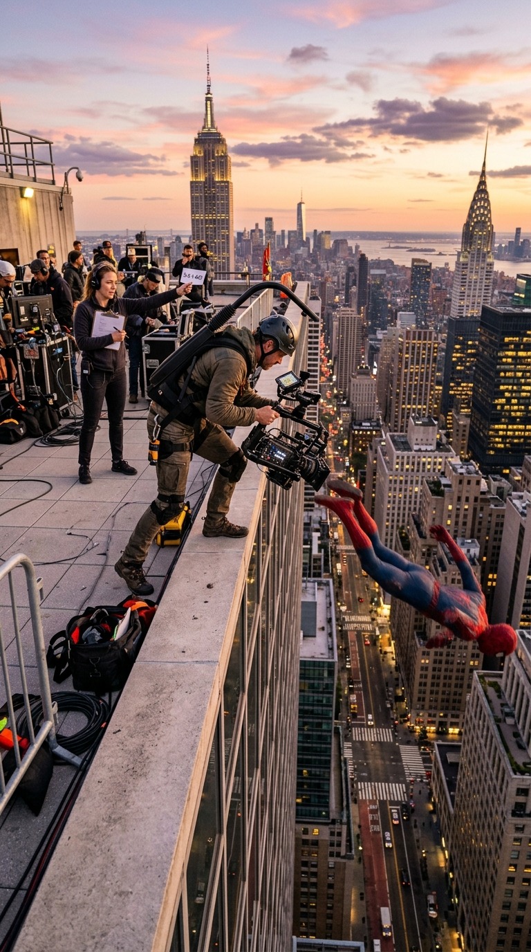 Spider-Man Rooftop Stunt BTS AI video prompt