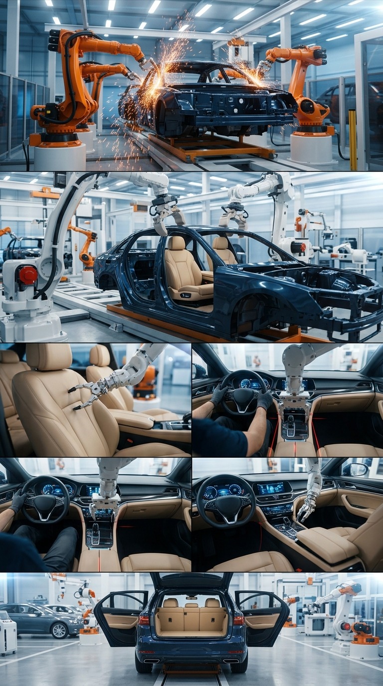 Robotic Car Interior Assembly AI video prompt