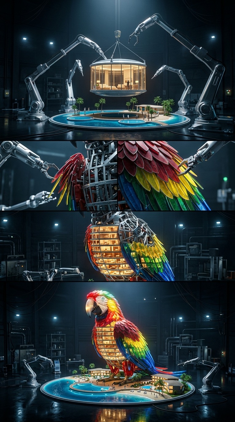 AI Video Prompt: Parrot Hotel Assembly