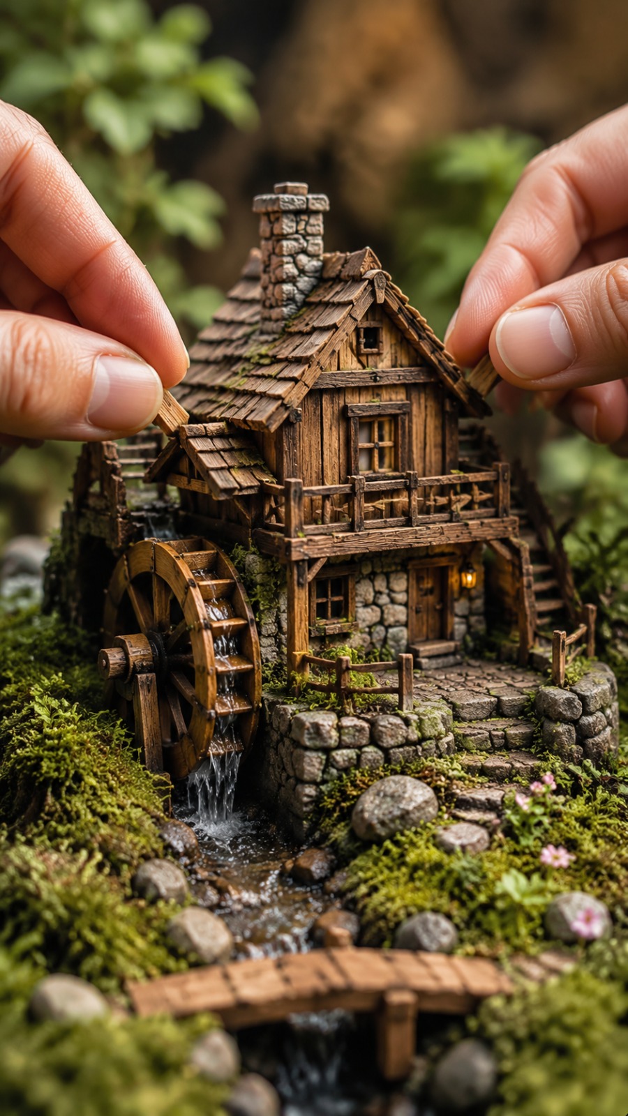 Tiny Wooden Watermill AI video prompt