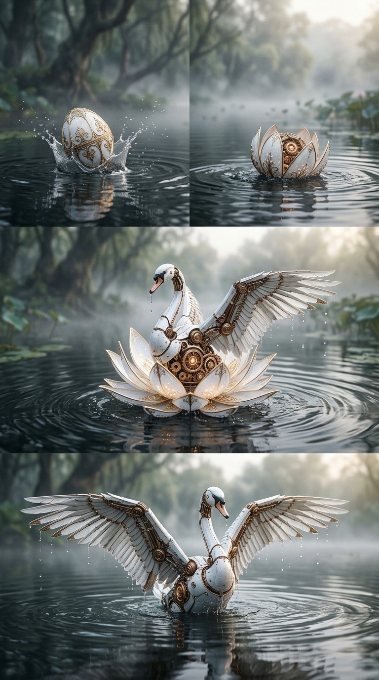 Mechanical Swan Hatching AI video prompt