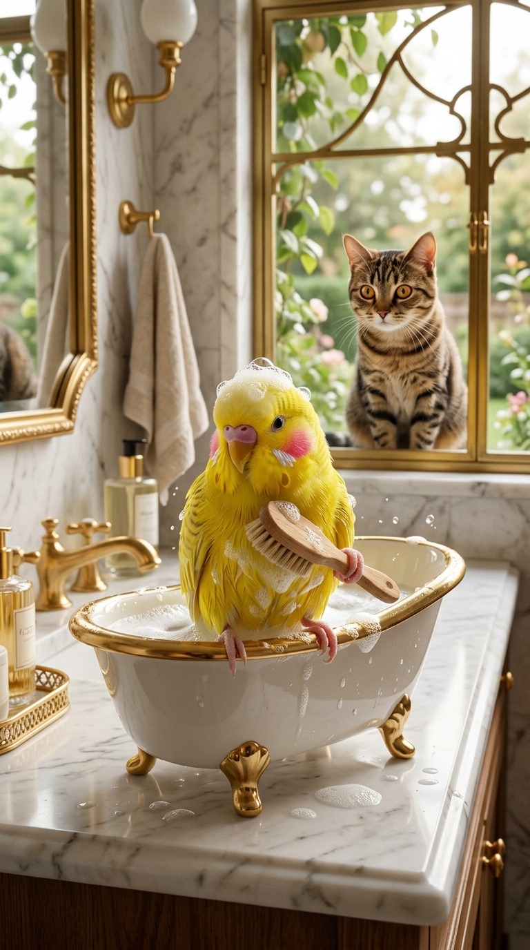 Bird Bubble Bath & Cat AI video prompt