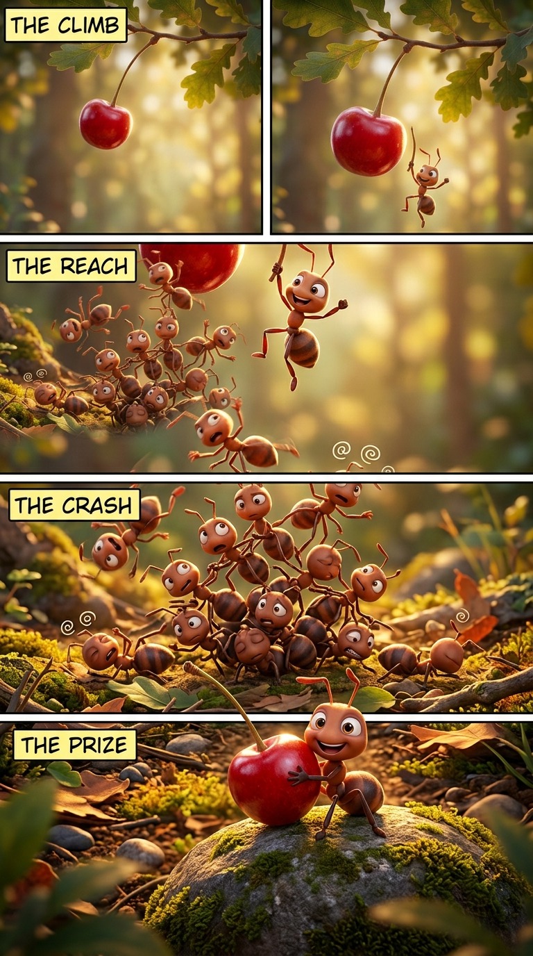 Ants Grab Cherry Animation AI video prompt