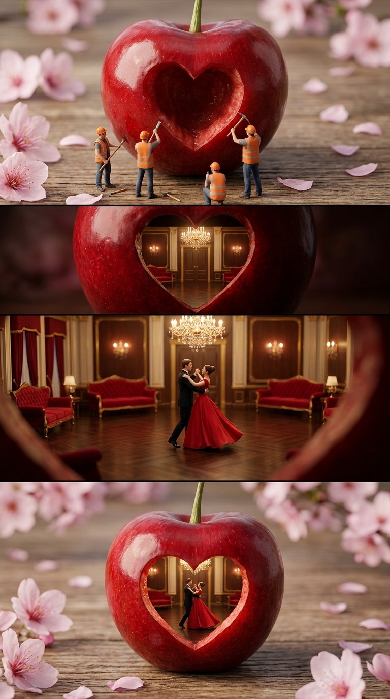 Cherry Ballroom Miniature World AI video prompt