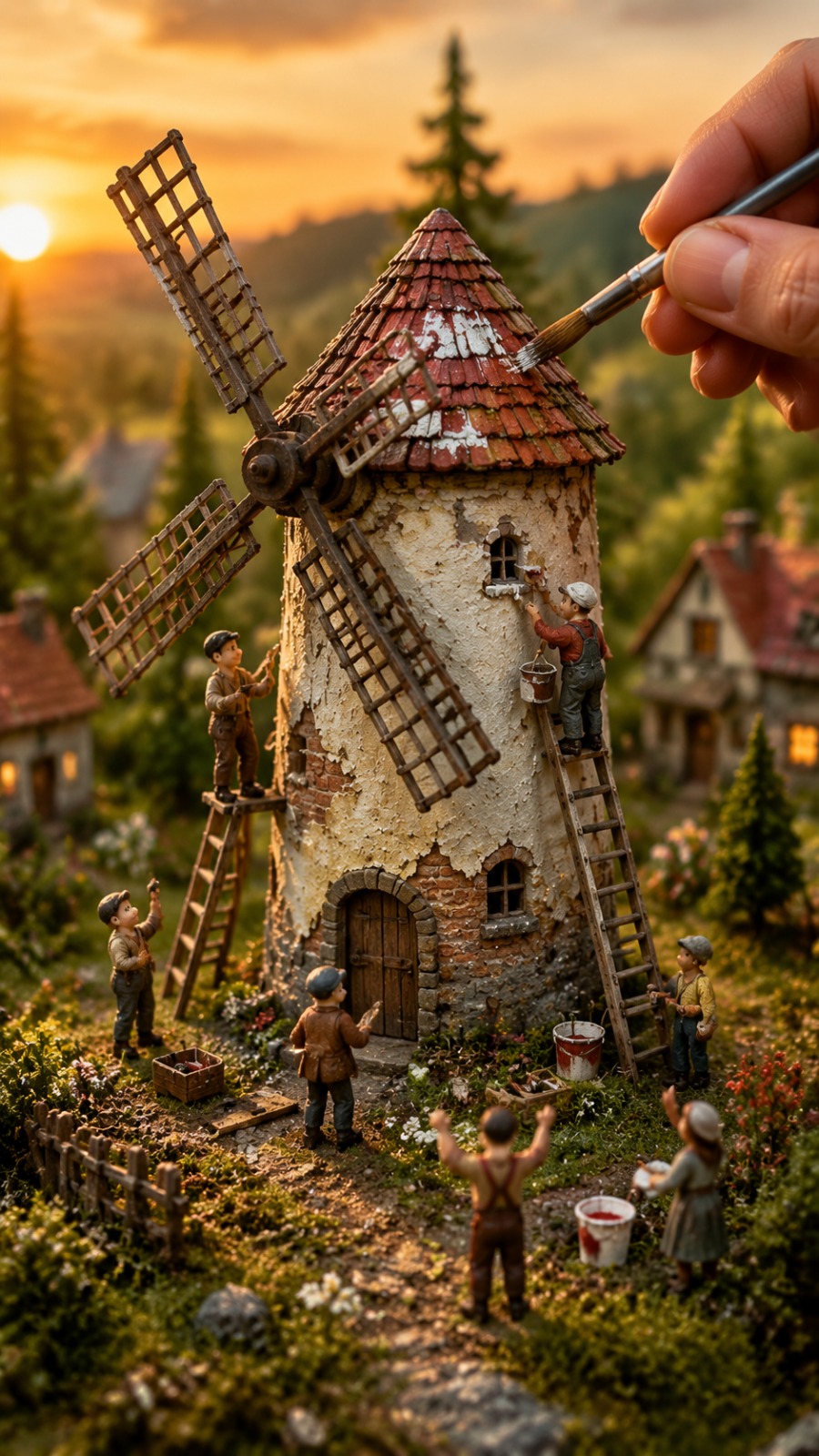 AI Video Prompt: Tiny Windmill Workers