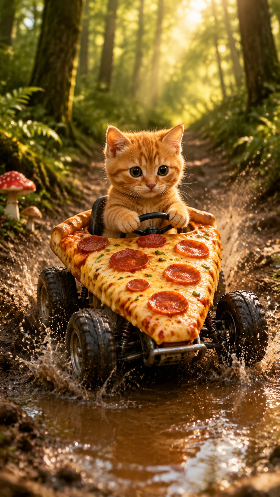 Kitten Pizza Car Adventure AI video prompt