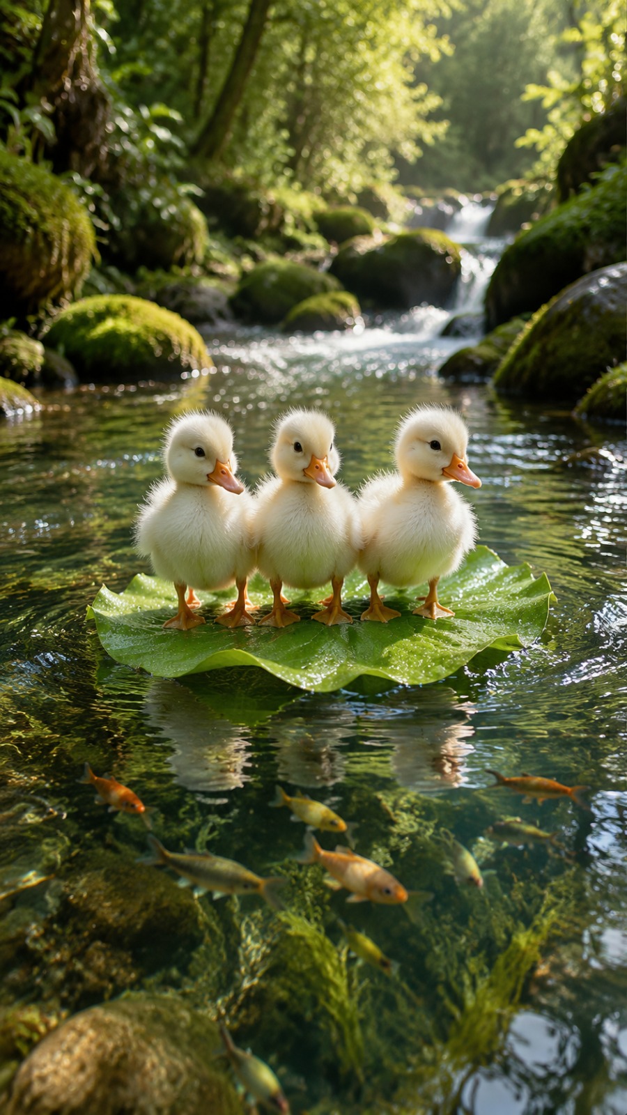 Ducklings Floating Forest Stream AI video prompt