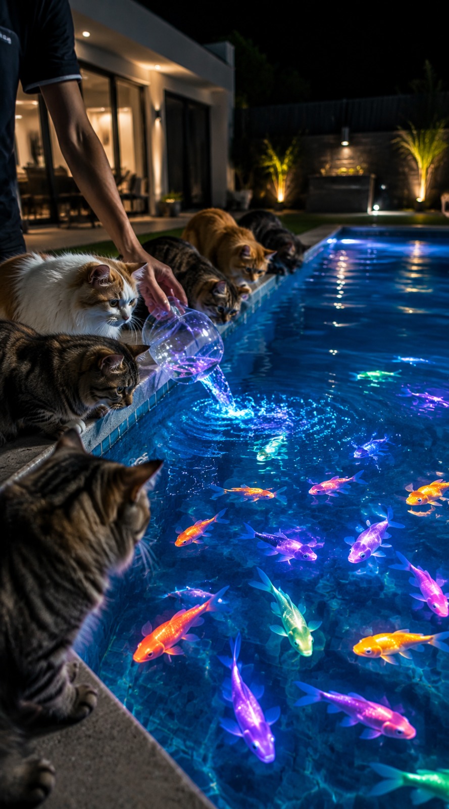 Cats Watching Magic Fish Pool AI video prompt