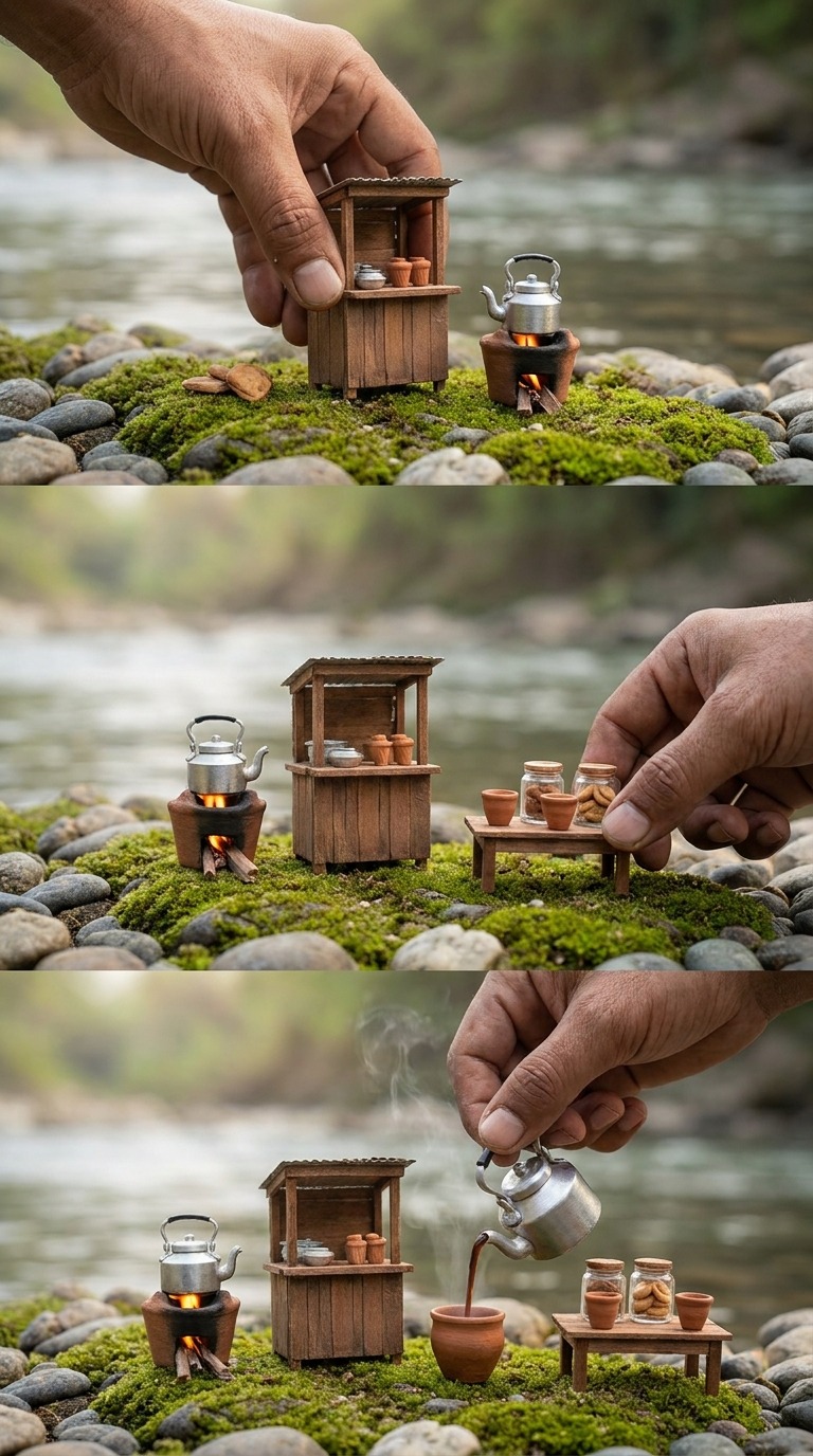 Miniature River Tea Stall AI video prompt