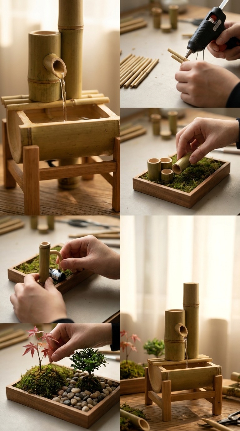 Miniature Bamboo Fountain DIY AI video prompt