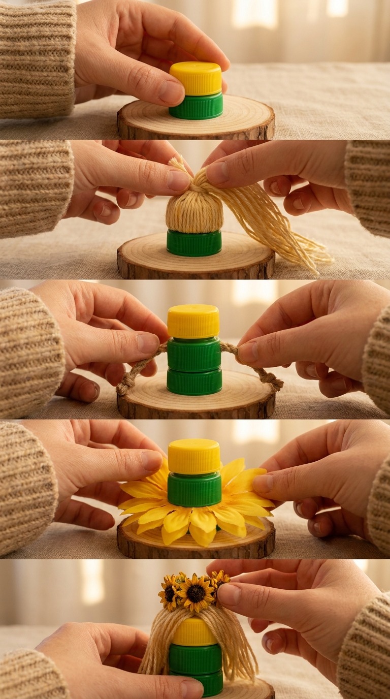 AI Video Prompt: Sunflower Bottle Cap Doll DIY