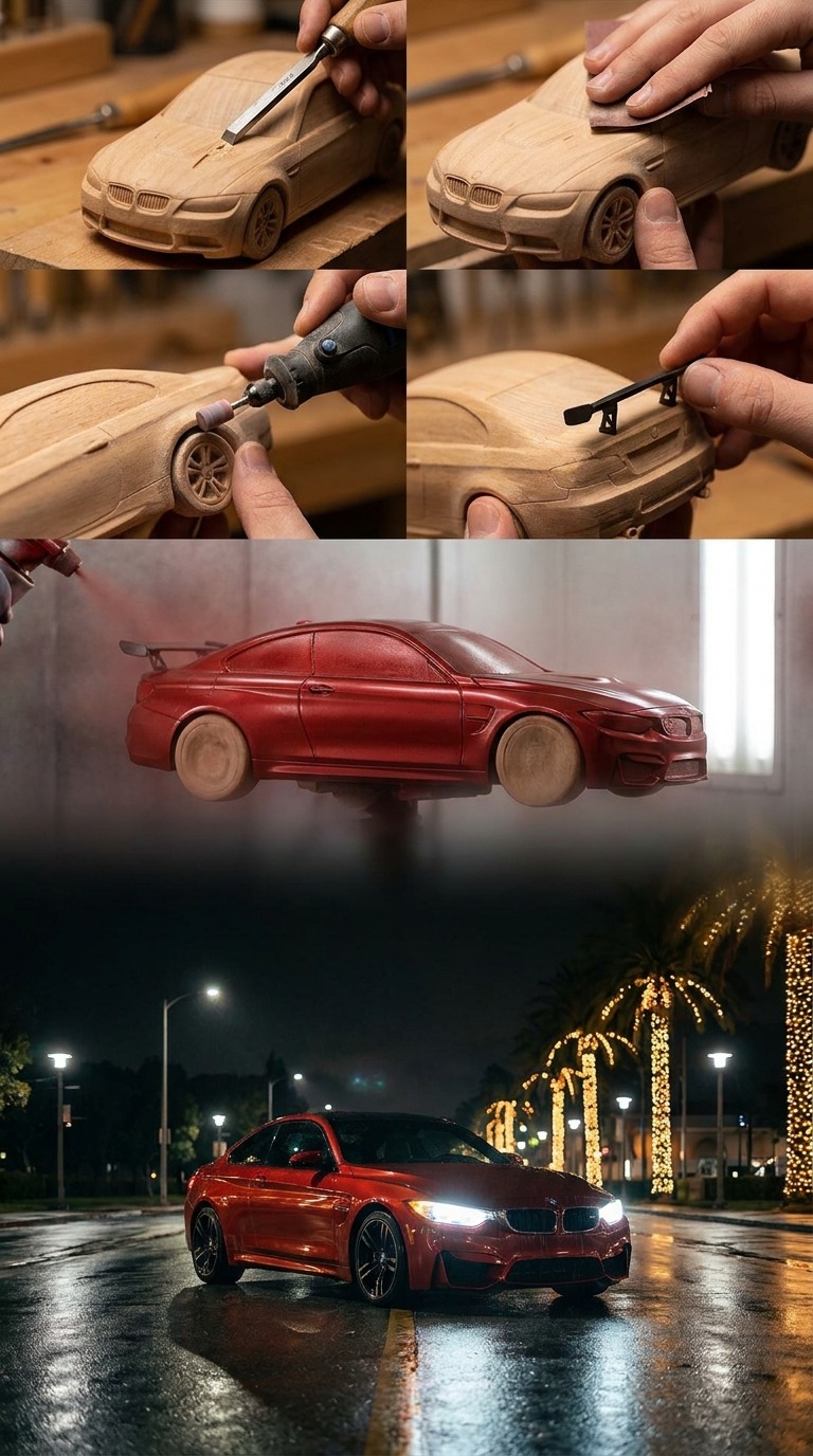 Wooden Car to Real BMW AI video prompt