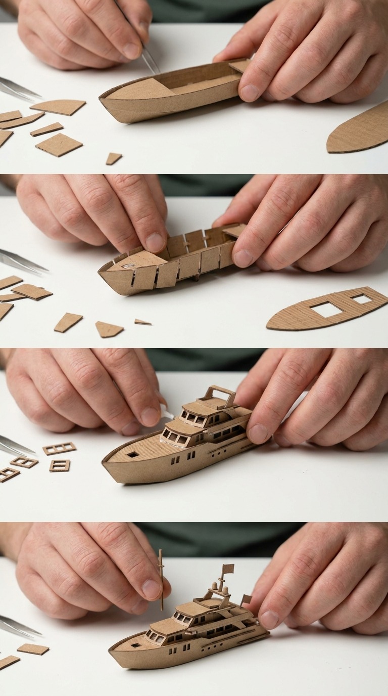 AI Video Prompt: Tiny Cardboard Yacht Build
