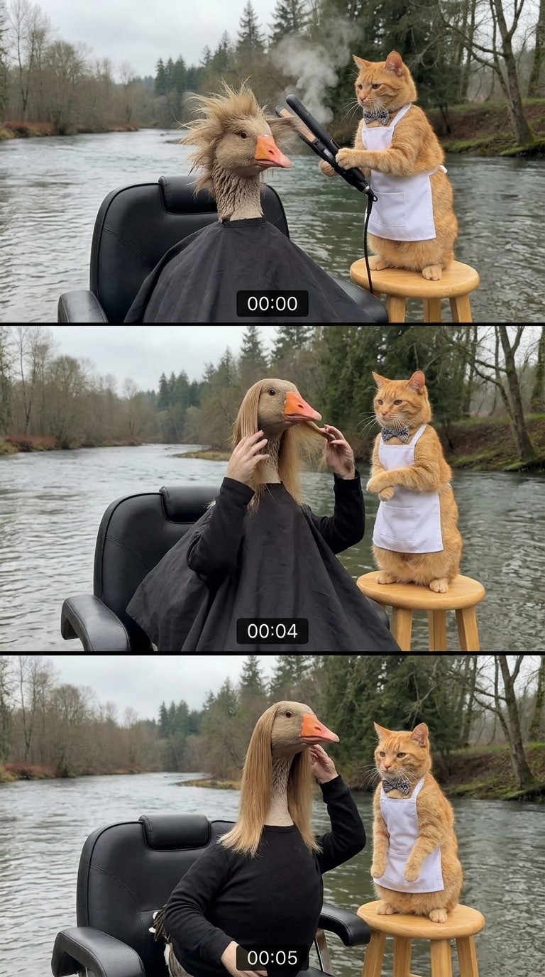AI Video Prompt: Cat Barber & Goose Makeover