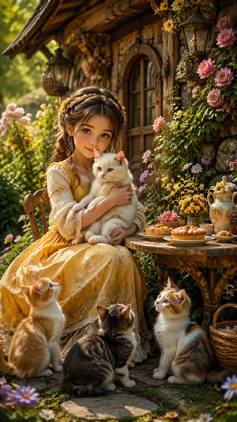 Girl and Cats Fantasy Garden AI video prompt