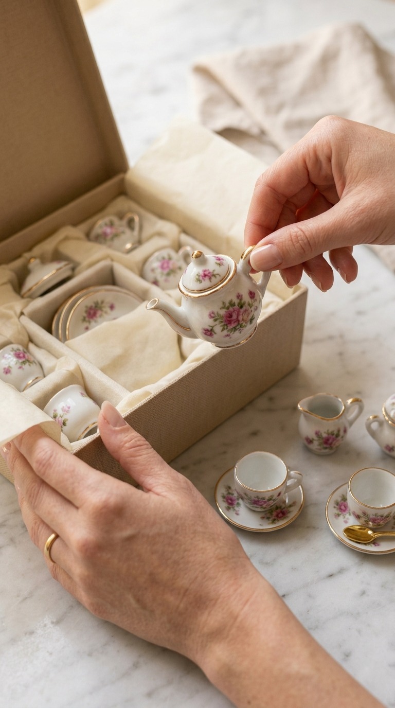 Miniature Tea Set Reveal AI video prompt