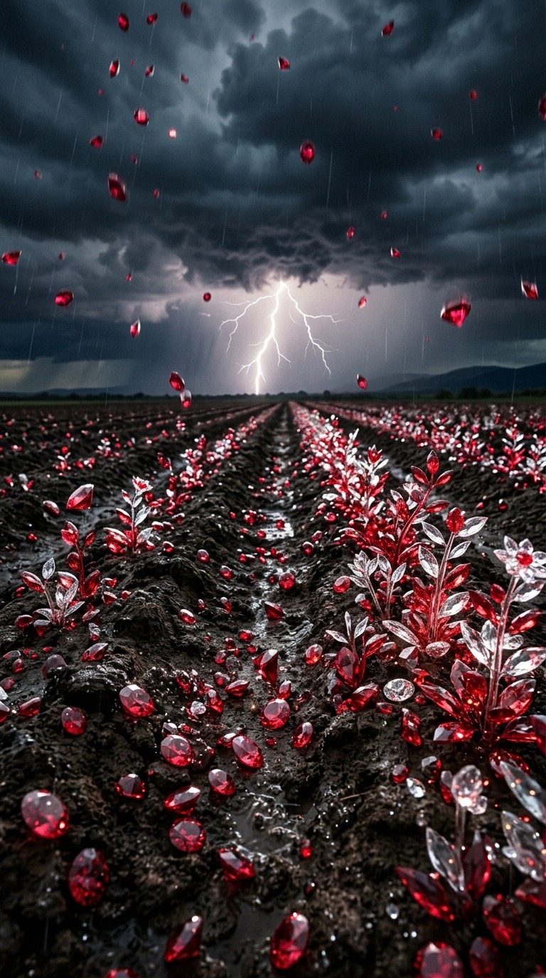 AI Video Prompt: Ruby Rain & Crystal Plants