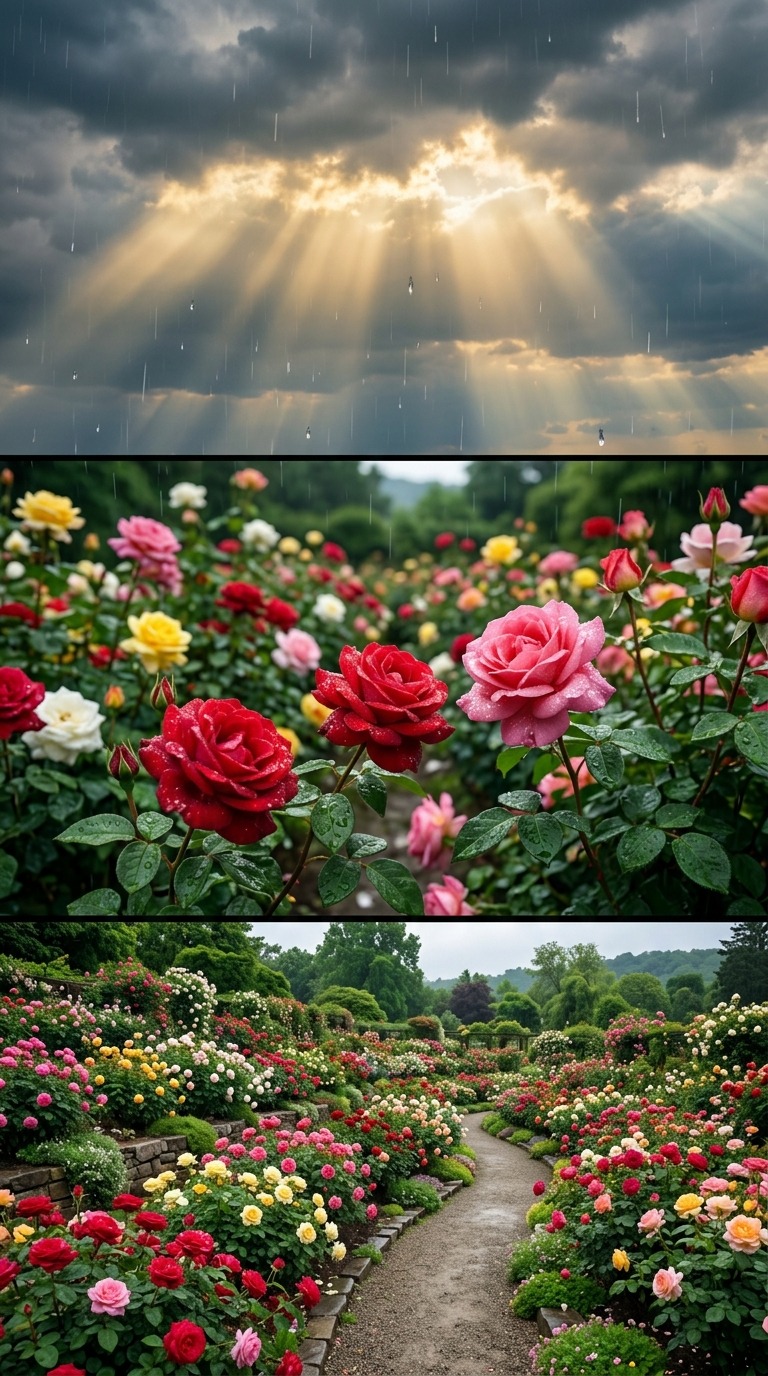 AI Video Prompt: Rain Bloom Rose Garden