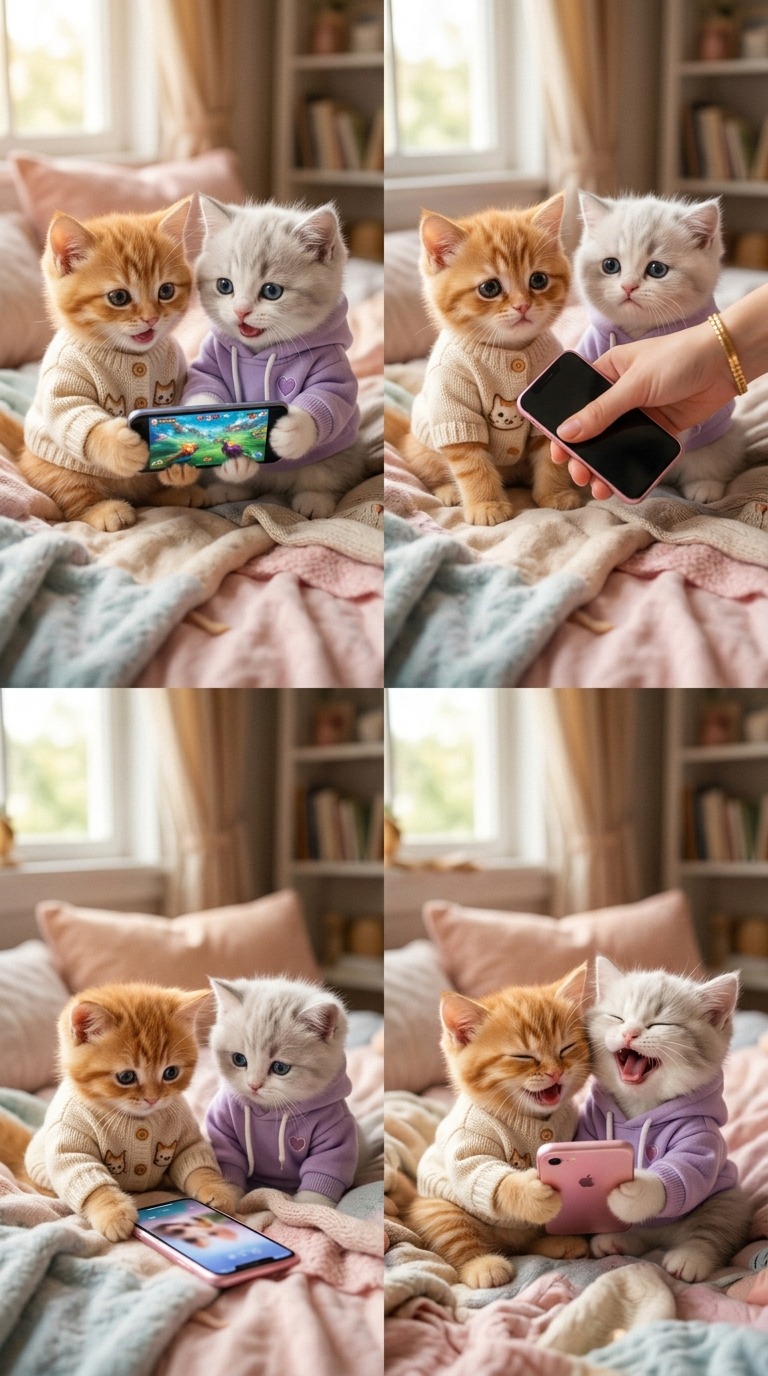 Kittens Watching Phone AI video prompt