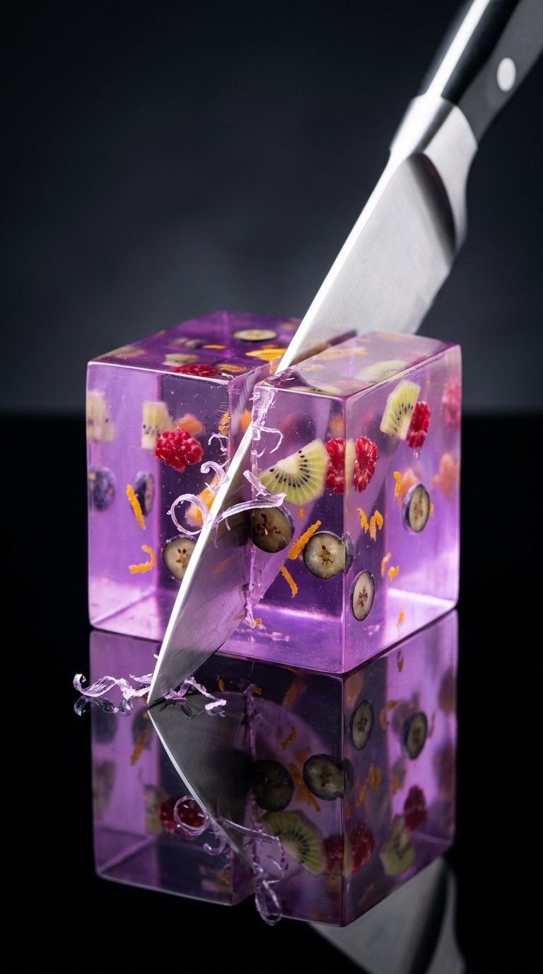 Resin Fruit Cube Cutting AI video prompt
