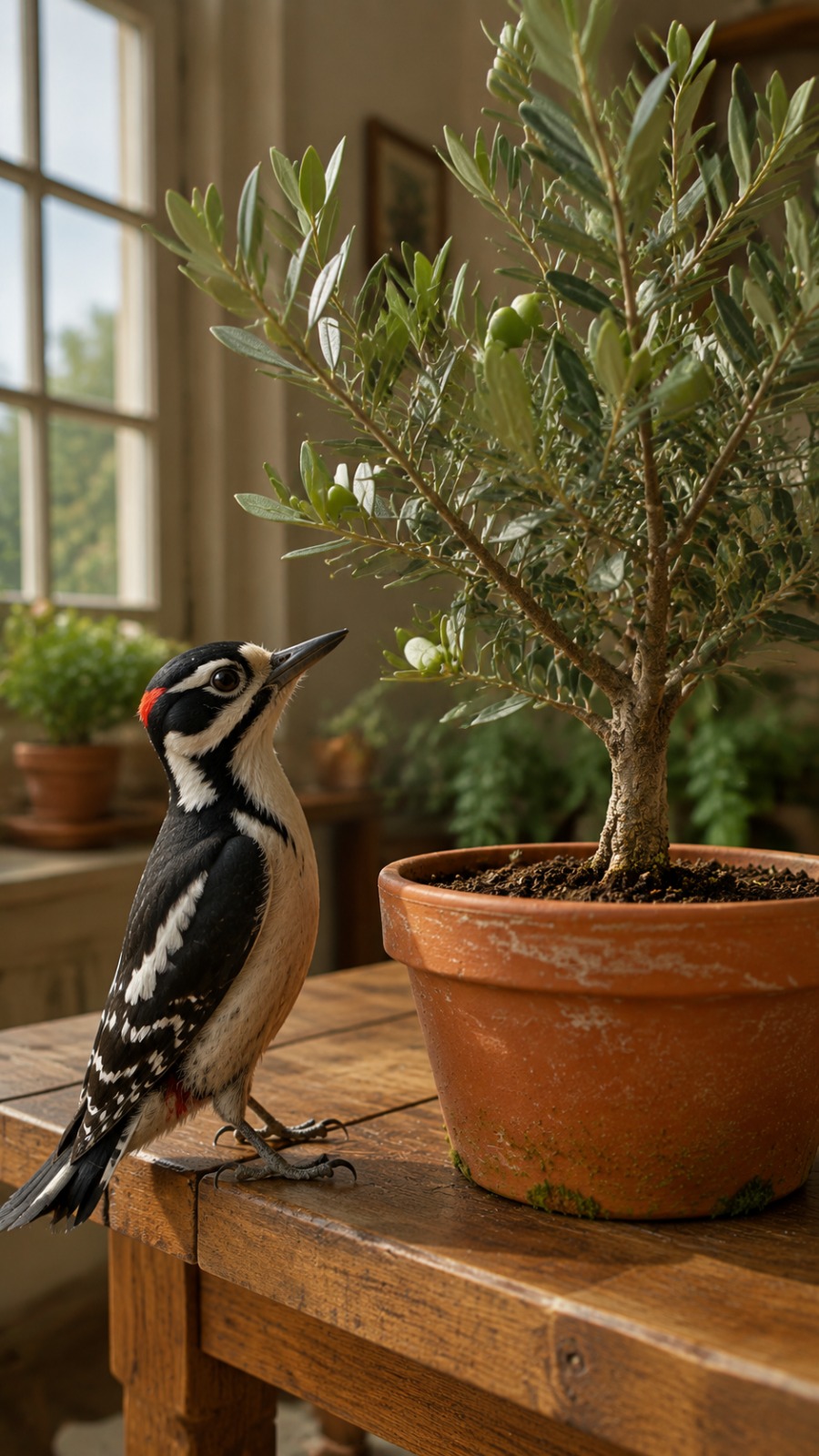 AI Video Prompt: Woodpecker & Olive Tree