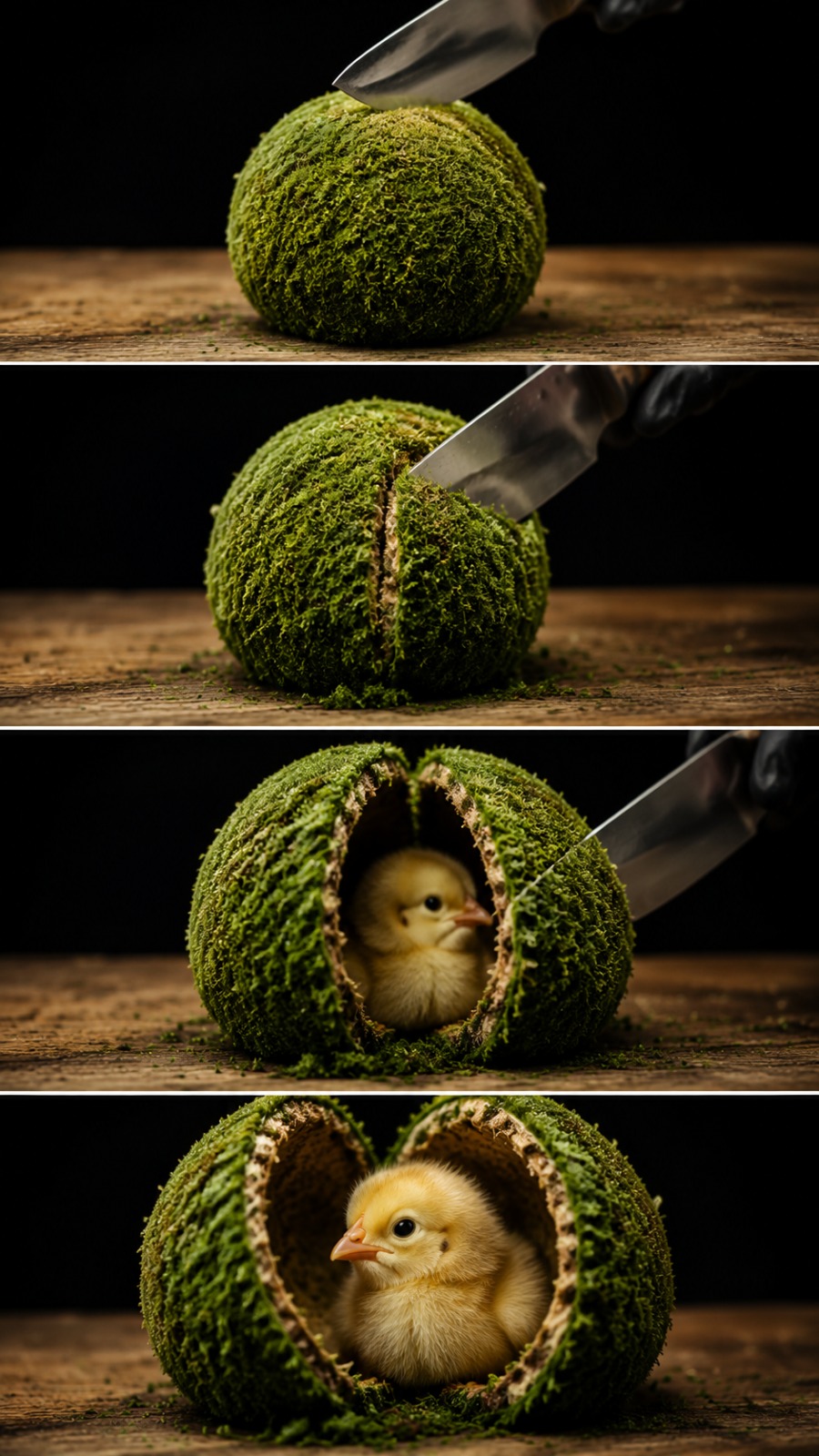 Moss Ball Chick Reveal AI video prompt