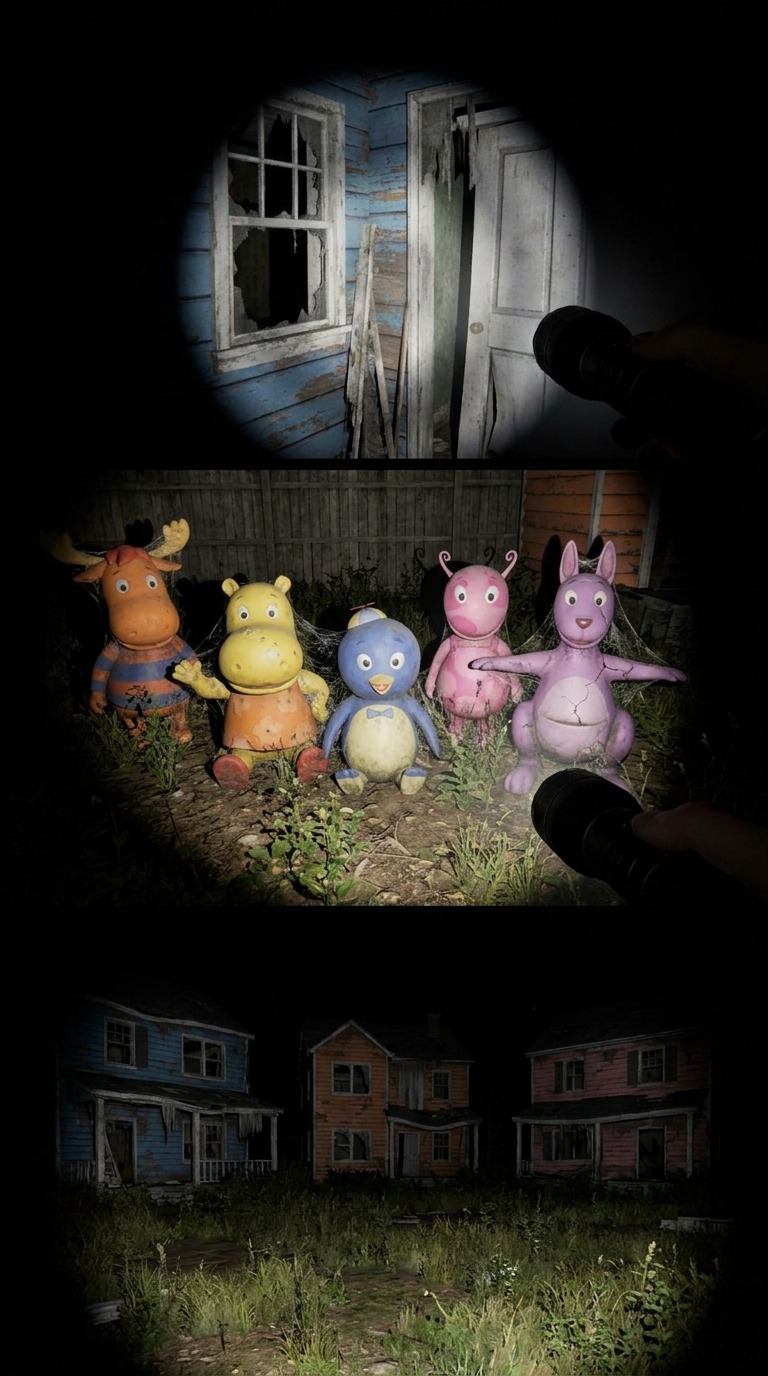 Abandoned Cartoon Statues Horror AI video prompt